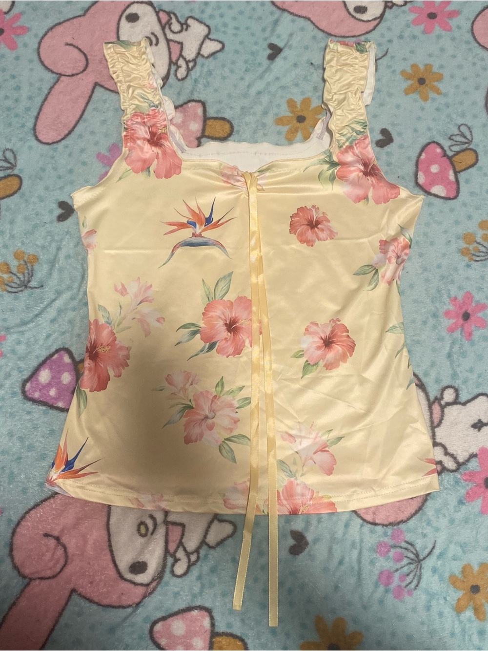 Floral Yellow Satin Camisole with Tie Front